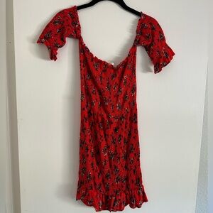 Red mini smocked stretchy floral dress size small